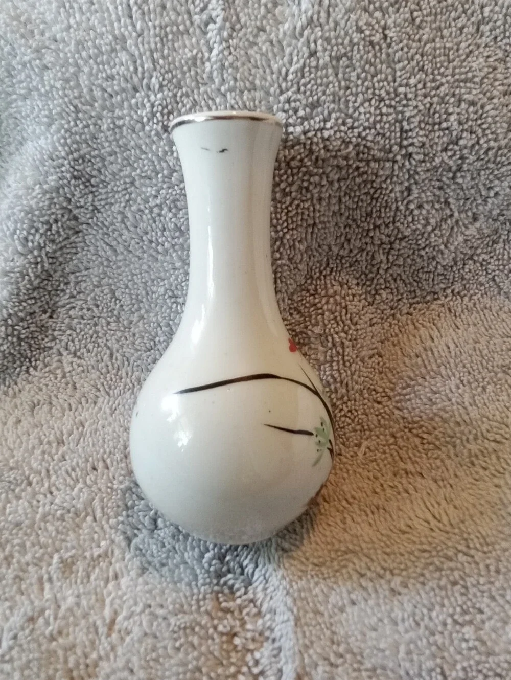 #1541 White Ceramic Bud Vase with Hand-Painted Floral Design